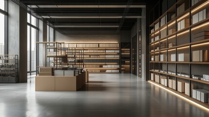 A modern, spacious interior featuring tall shelves filled with books, large windows for natural light, and minimalist design elements.