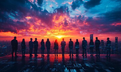 Multinational diverse group standing together in digital landscape, concept of digital transformation and system engineering, technology integration, evening sky, future