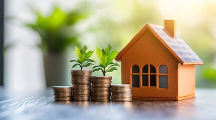 small home model on a wooden table beside stacks of coins topped with a green plant, symbolizing economic growth, housing investment, and financial success