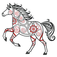 Stylized Horse Illustration: Intricate Red & Black Line Art Design of a Horse with Decorative Swirls & Geometric Patterns