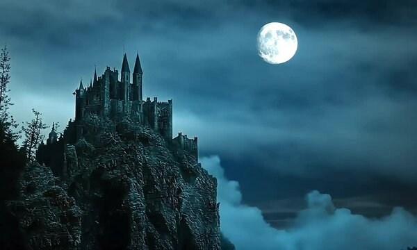Dracula&rsquo;s Haunted Castle: A Scary Vampire Lair on a Misty Mountain Under the Full Moon