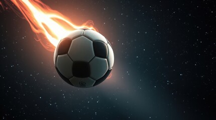 Fototapeta premium Exciting soccer ball flies through the cosmos, illuminated by a fiery trail under a starry sky at night