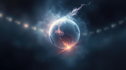 Obraz premium Dynamic spark ignites the soccer ball in a dramatic night match ambiance with vibrant energy