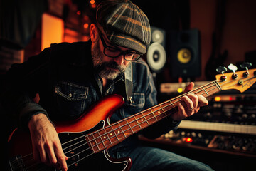 Obraz premium Musician playing a bass guitar in a recording studio