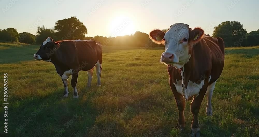 Poster a field of animals under the sunset with a warm and beautiful light. animals on a meadow with the su
