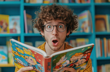 A young man with curly hair and glasses shows surprise while reading a comic book in a cheerful library filled with colorful shelves