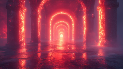 surreal scene of glowing arches with fiery light illuminating misty corridor, creating otherworldly atmosphere