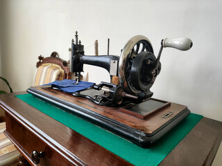 Old antique sewing machine, museum exhibit, close-up
