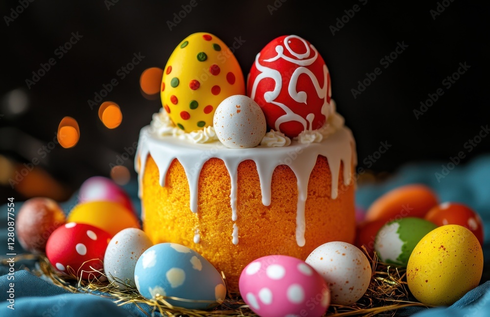Poster colorful easter eggs on top of an easter cake, decorated with white glaze and colorful patterns. vib