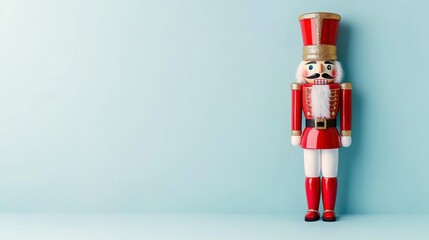 Festive Nutcracker Figurine in Red and Gold Against a Light Blue Background