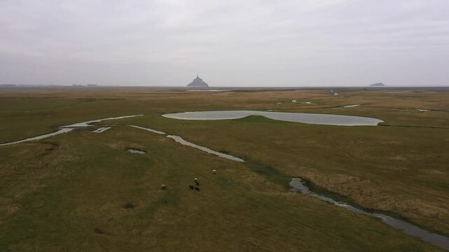 Stunning aerial footage capturing Mont Saint-Michel from a distance, showcasing the iconic medieval abbey rising above the expansive tidal wetlands of Normandy