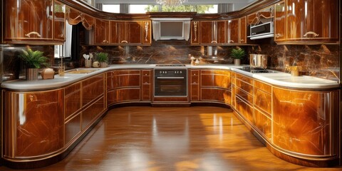 Interior design of a large kitchen decorated with luxurious furniture