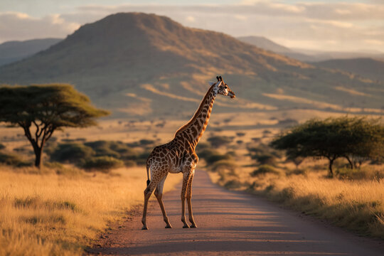 Fototapeta Giraffe on African Road