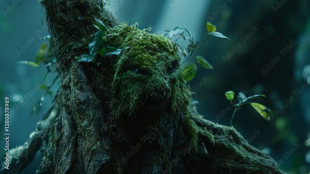 Aufkleber bright green moss blankets the rough surface of a gnarled tree trunk, while small leaves peek throug