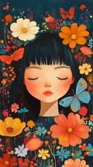 Whimsical Girl Among Vibrant Flowers and Butterflies, Dreamy Expression, Enchanting Floral Background, Art Illustration