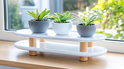 Three potted plants on a white two tiered planter stand by a window