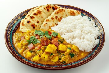A colorful Indian meal consisting of naan bread, curry with chunks of meat and vegetables, and a side of rice.