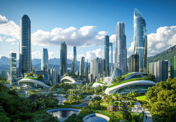 Obraz premium A vibrant skyline boasts sleek, eco-friendly buildings in harmony with nature, highlighting innovation and sustainability