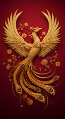 Majestic phoenix rising from flames Chinese mythology golden feathers detailed ornamental artwork prosperity and rebirth