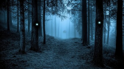 Fototapeta premium Mysterious Forest Path with Fog and Glowing Eyes at Night