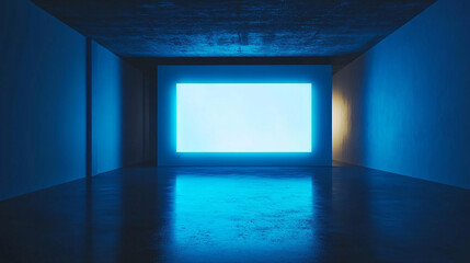 A futuristic glowing blue screen in a dark room