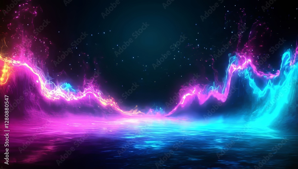 Poster the abstract background showcases futuristic cybernetic patterns, shimmering particles in 3d, and a 