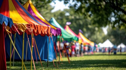 Colorful Tents Set Up for a Summer Festival in a Park with People Enjoying the Event