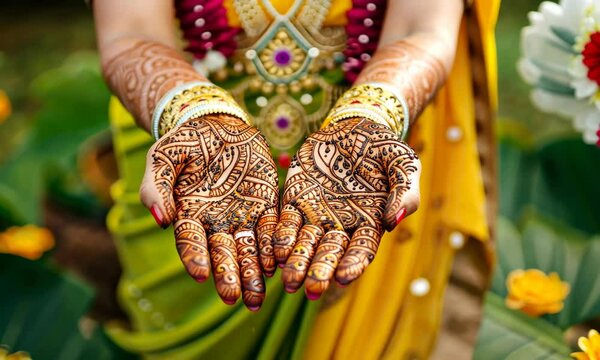Close-up of hands with intricate henna designs, wearing sari