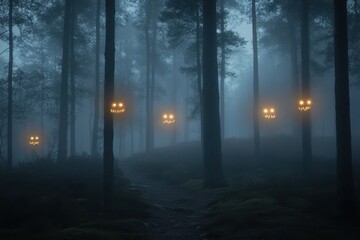 Naklejka premium Mysterious Forest with Glowing Pumpkin Faces at Night