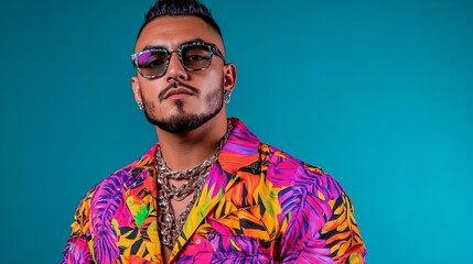 Obraz premium Stylish young Hispanic man in vibrant shirt and sunglasses against a teal backdrop.