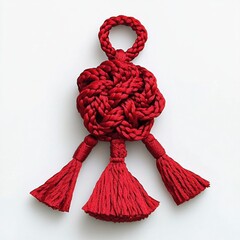 Handmade Decorative Red Knot Tassel with Intricate Woven Design on White Background