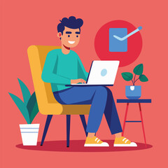 a boy is using his laptop vector