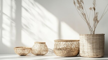 Fototapeta premium Stylish Rattan Storage Baskets in Natural Light Against a Minimalistic Backdrop, Highlighting Efficient Organization and Home Decor Themes
