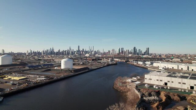 Aerial shot of New York Skyline from Newtown Creek in Brooklyn, 4K