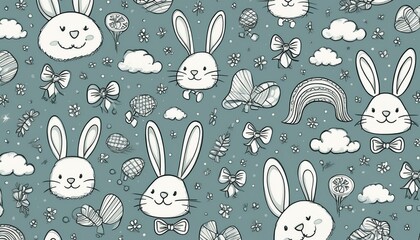 Hand-drawn doodle-style pattern featuring playful Easter elements like smiling bunnies, bows, colorful eggs, and whimsical designs, creating a fun and lighthearted festive atmosphere.