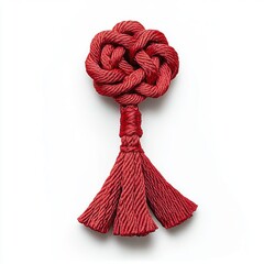 Intricate Crimson Decorative Knot with Tassel on White Background