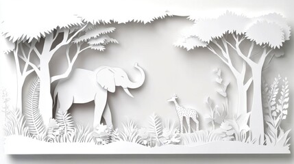 Intricate Paper Cutout Art Featuring Elephant and Deer in a Forest Scene