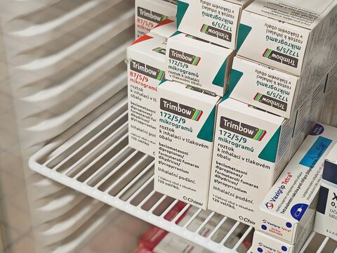 Prague, Czech Republic -February 21 2024: TRIMBOW box of medication with BECLOMETASONE, FORMOTEROL, and GLYCOPYRRONIUM active substances by CHIESI, used for treatment of COPD and asthma.	
