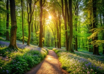 Obraz premium Winding road, awakening spring landscape; vibrant forest path photographed.