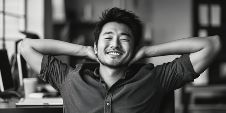 Young man with facial hair smiling at camera, leaning on arm, relaxed posture, office environment. - Powered by Adobe