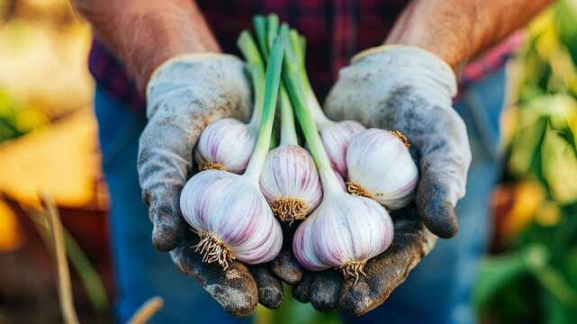 Farmer holding garlic with gloves. A close-up view of a person's hands, wearing work gloves, holding garlic bulbs. The garlic bulbs are white with purple stripes, and the background is out of focus