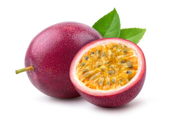 Passion fruit with cut in half isolated on white.