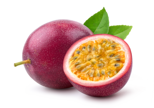 Passion fruit with cut in half isolated on white.