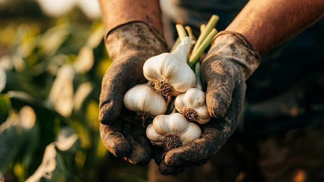 Close-up of farmer's hands holding garlic bulbs. Focused on the hands and the garlic in a field setting. The image is golden hour with blurred green background