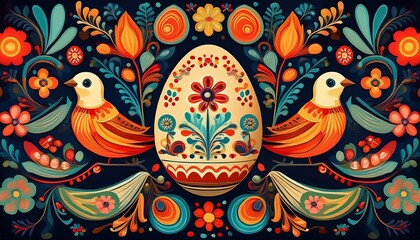 Colorful folk-inspired Easter pattern featuring Slavic floral motifs, symmetrical egg decorations, and intricate designs, celebrating traditional artistry with a vibrant and festive touch