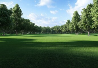Fototapeta premium Lush Green Meadow with Rows of Tall Trees Under a Blue Sky on a Sunny Day