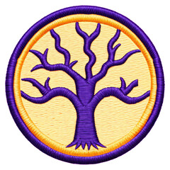 Vibrant Purple Tree Emblem in Golden Circle with Detailed Embroidery on Transparent Background