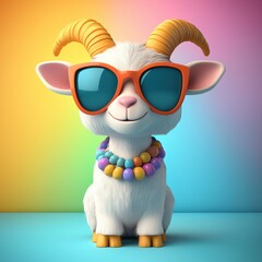 Fototapeta premium A playful cartoon goat wearing sunglasses and a colorful necklace, set against a vibrant gradient background, Y2K style.