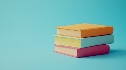 Fototapeta premium Stack of Three Colorful Books on a Light Blue Background with copyspace or text space