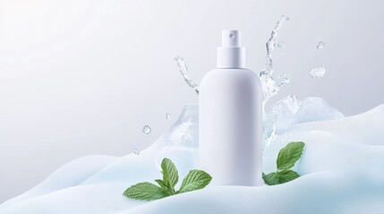 Innovative parfum advertising banner showcases white matte bottle with ice and mint against a soft blue background